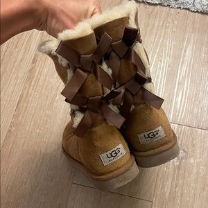 UGG Tan Suede Boots with Ribbon Accents